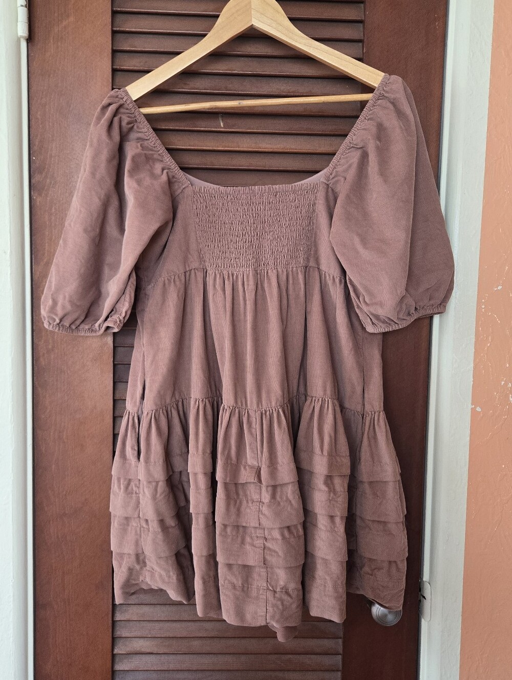 American Eagle Outfitters Dusty Rose Corduroy Puff-Sleeve Dress With Ruffles, M - Picture 3 of 7